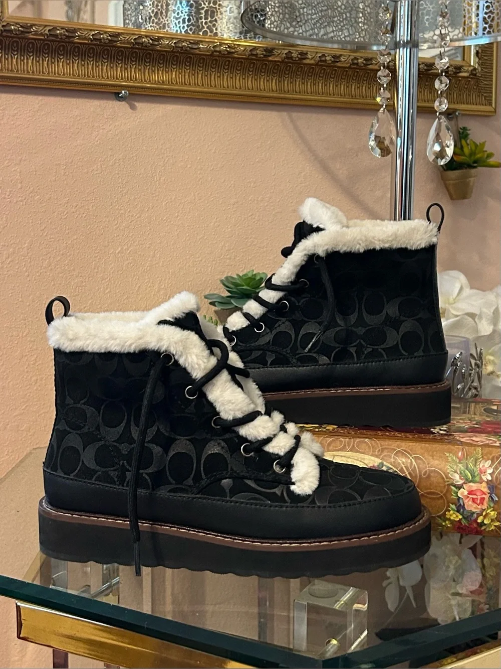 Coach Signature Imani Black White Ankle Booties with Faux Fur Trim Size 8.5